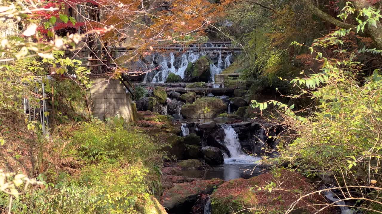 Slow tilt up over cascading waterfalls with fall colors in Kibune, Japan