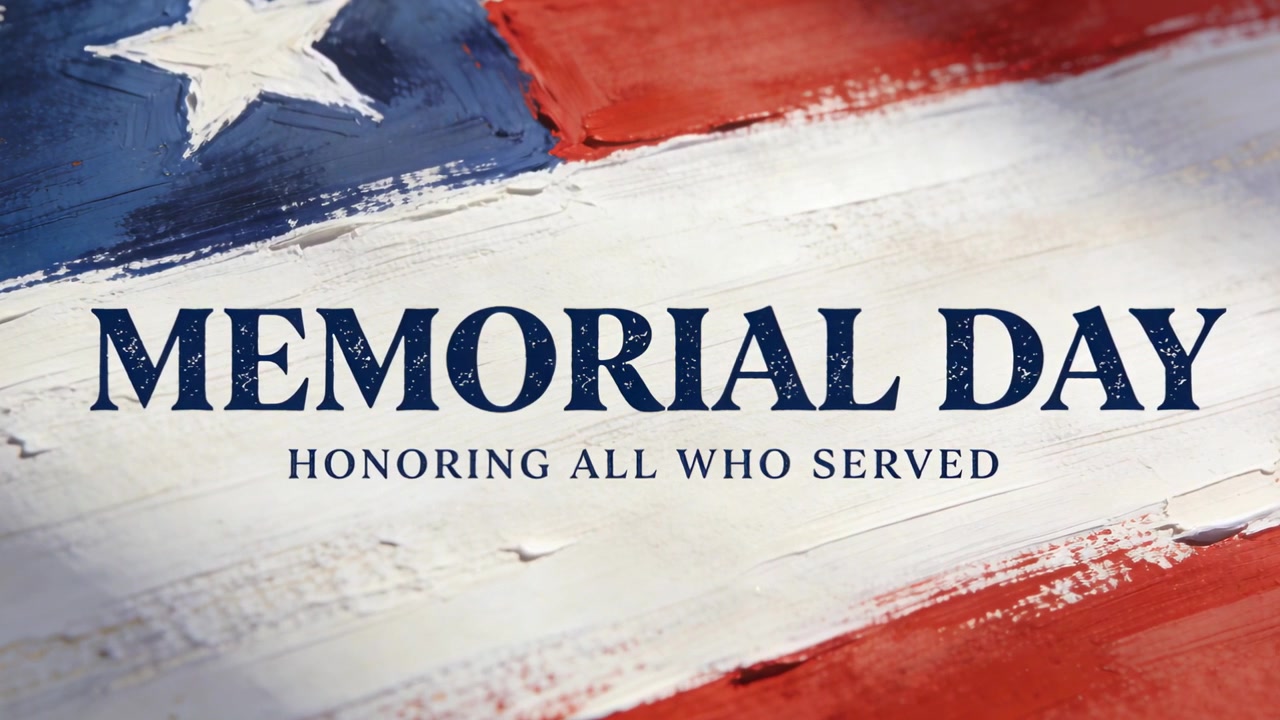 Opening centered headline MEMORIAL DAY and subtitle honoring all who served on painted flag
