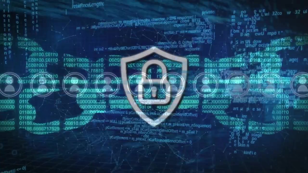 Animation of data, icons, block chain and digital padlock on blue background