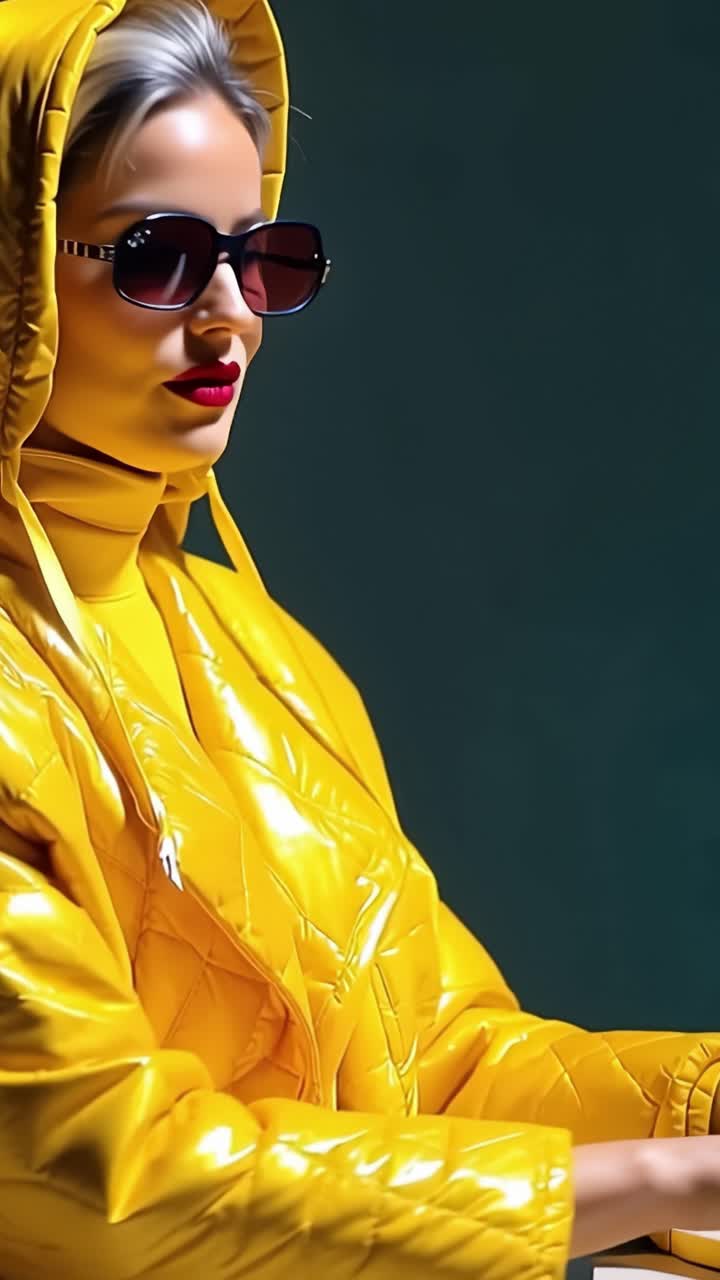 A striking fashion moment featuring a model in a vibrant yellow quilted outfit and sunglasses, sitting gracefully by a retro computer, capturing modern elegance