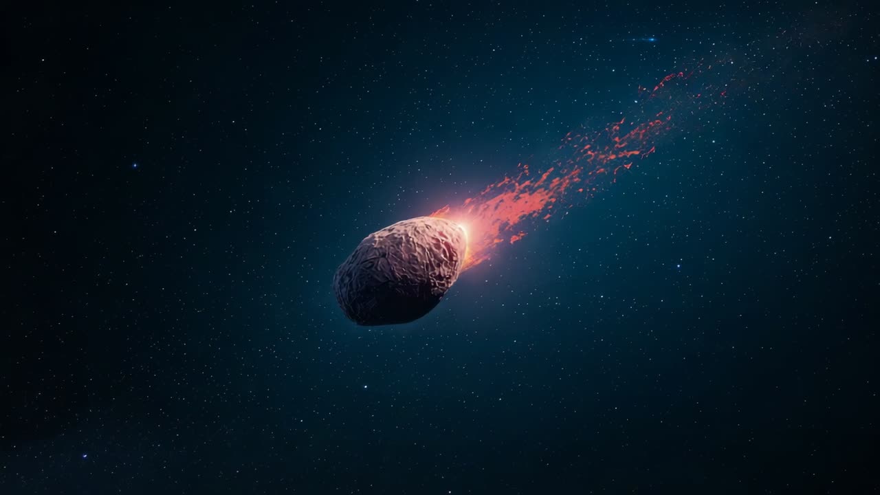 Drifting lone rocky meteor heating up, glowing in starfield, trailing ember debris with plasma tail