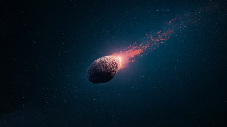 Drifting lone rocky meteor heating up, glowing in starfield, trailing ember debris with plasma tail