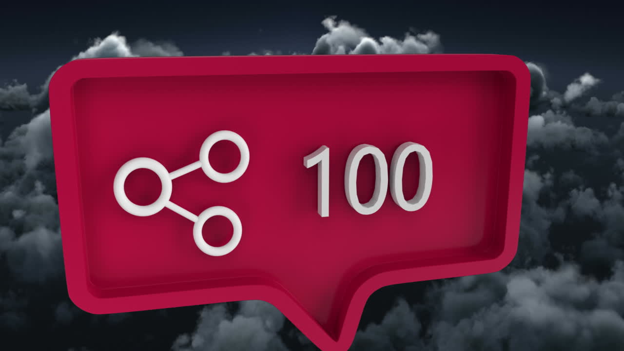 하늘과 구름 위의 음성 거품에 숫자를 가진 공유 아이콘의 애니메이션