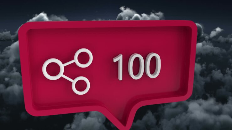 Animation of share icon with numbers on speech bubble over sky and clouds
