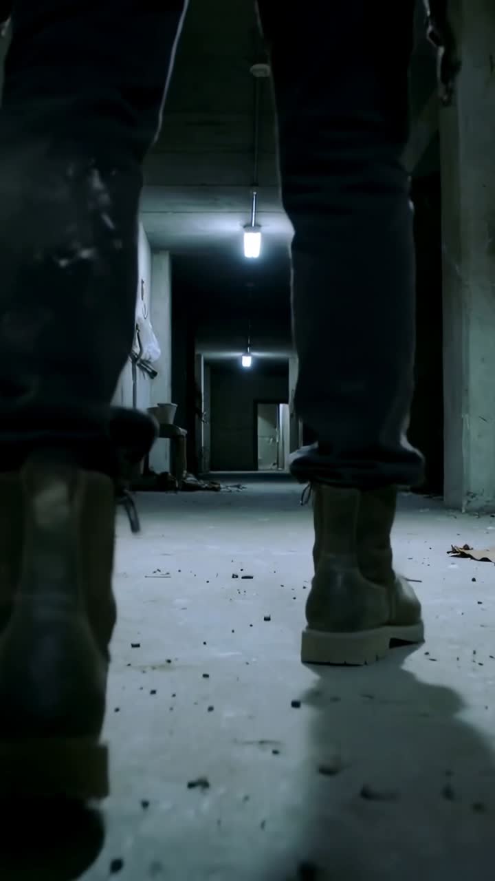 Operaio edile che cammina in un corridoio verso una porta illuminata, gli stivali che calpestano detriti, mostrando vernice sui jeans