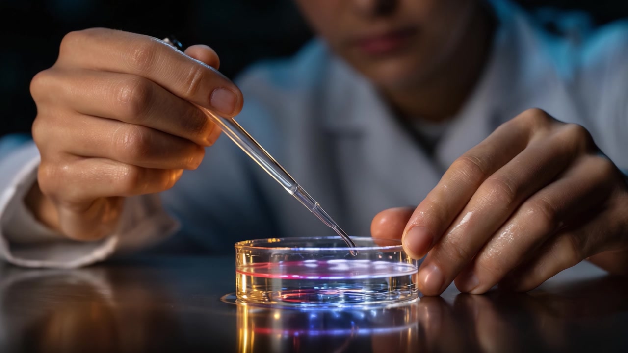 A lab technician skillfully pipetting liquids into a petri dish, showcasing precision in microbiological research and experimentation with vibrant colors.