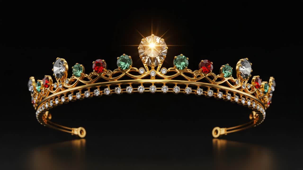 Radiant Gold Crown Adorned with Colorful Gems Sparkles Under Illuminated Light - A Stunning Example of Regal Elegance and Craftsmanship