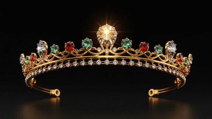Una radiosa corona dorata, ornata con gemme colorate, brilla sotto una luce intensa: uno straordinario esempio di eleganza regale e maestria artigianale