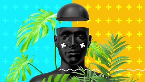 minimal graphic colorful psychedelic design. human body abstract art concept with geometric shapes and plants. realistic 3d character man or woman in creative modern motion style. fashion animation.