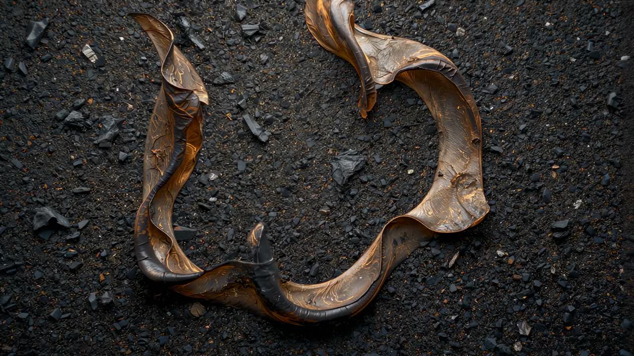 Showing twisted metallic ribbon resting on gravel in top-down view, highlighting embossed pattern