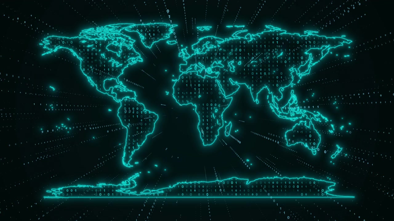 Digital World Map with Binary Code Data Flow