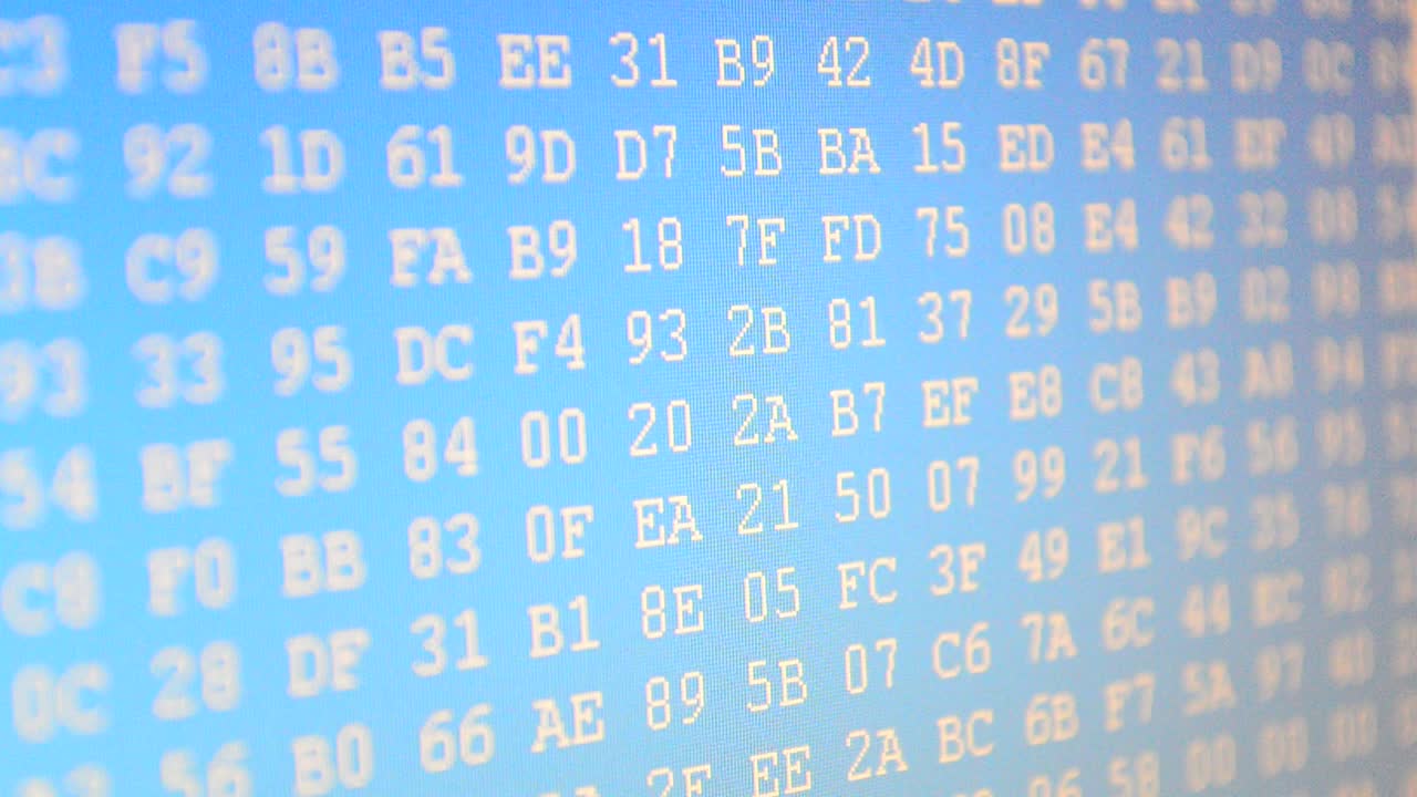 Movement of figures on the screen. Binary code. Hexadecimal program code on screen. Animated background of moving binary code numbers
