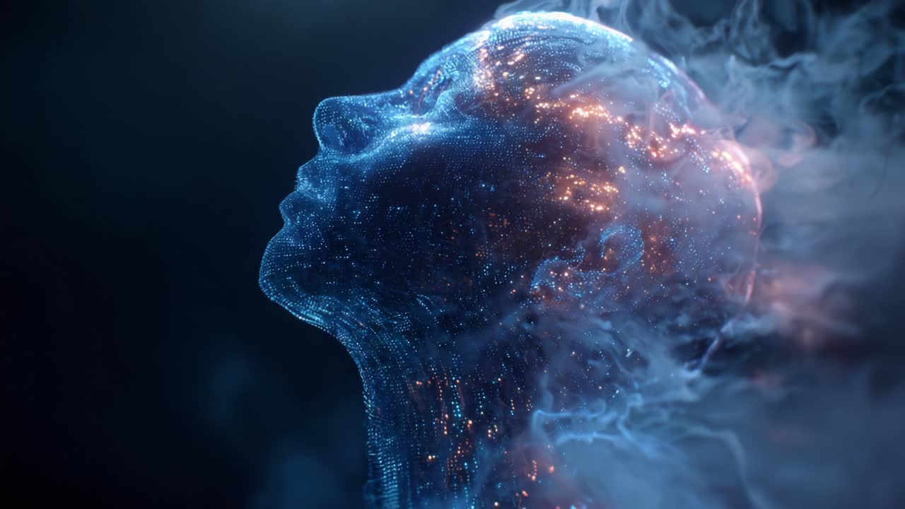 A Stunning Artistic Representation of a Human Face Emerging from Ethereal Smoke, Capturing the Transformation from a Digitalized, Starry Appearance to a Glowing, Enlightened Essence in Two Striking Frames