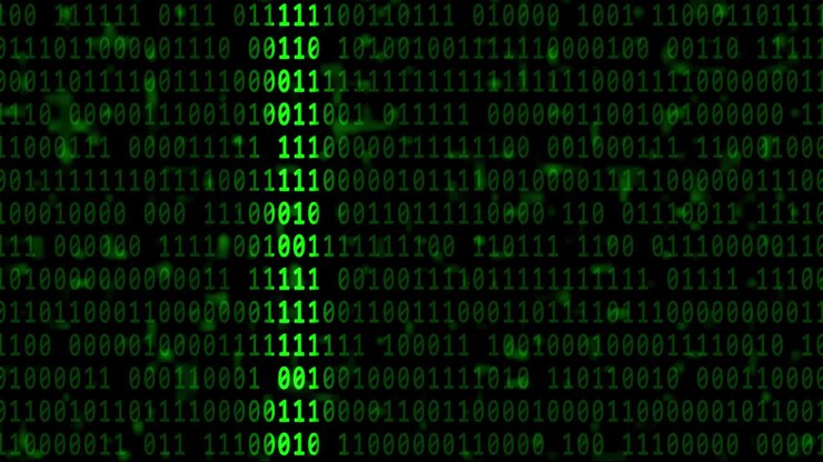 Abstract motion over varying green binary code background in 4K - brightening via light bar in horizontal movement