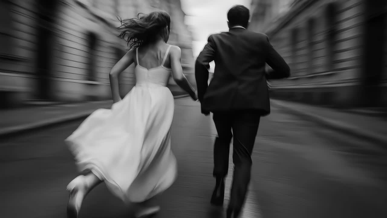 Un fotogramma video dinamico in bianco e nero di una coppia che corre per una strada cittadina, ripresi da dietro