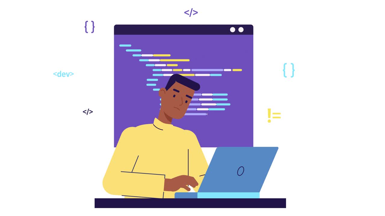 programmer developer working on code, coding, testing, debugging, analysing. Web development young man works with programming languages. freelance IT worker 4k looped animated character. Stock footage