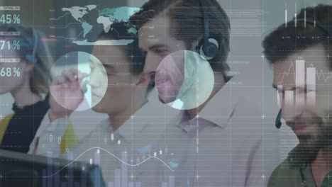 Animation-of-statistics-recording-over-business-people-using-phone-headsets