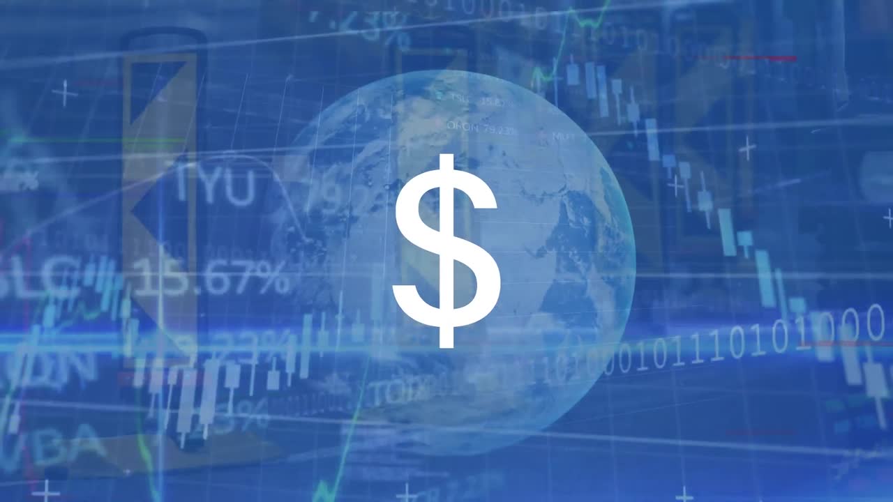 달러 기호의 애니메이션, 그래프, 거래 보드, 거리에서 는 사람들 위에 지구상의 이진 코드