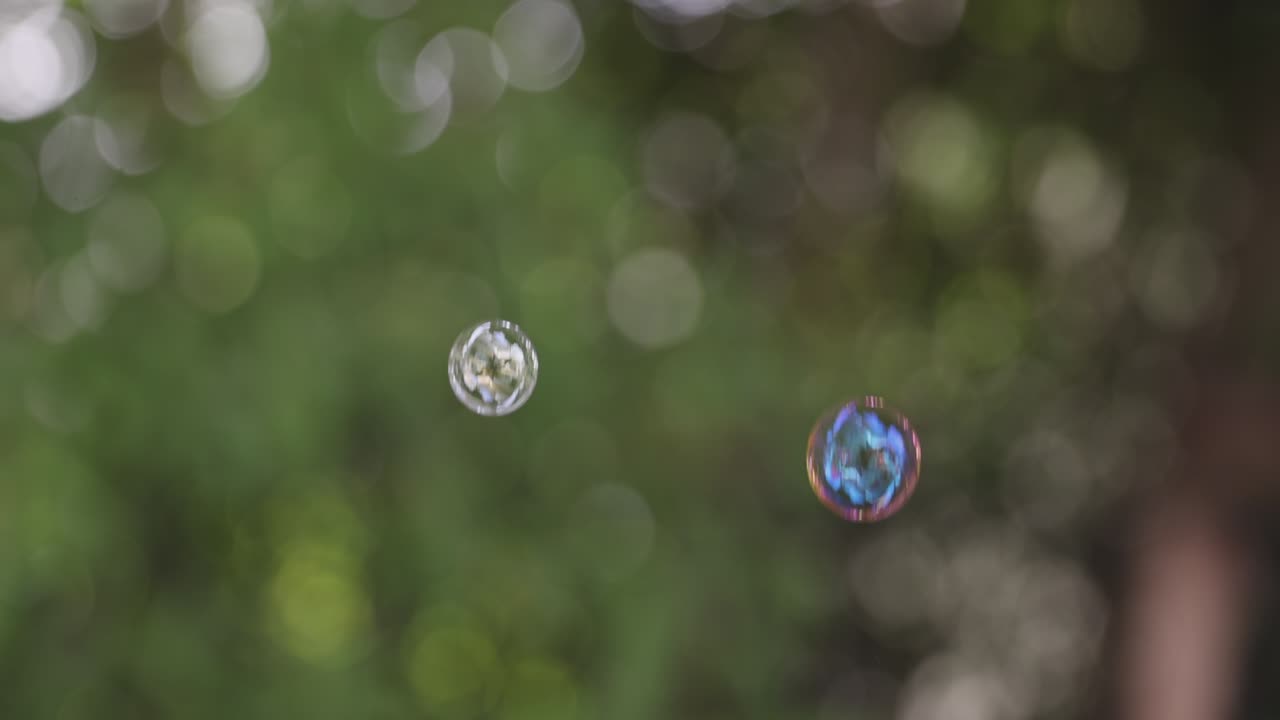 초록색 나무 배경으로 공중에서 날아다니는 4k 슬로 모션 비누 거품.