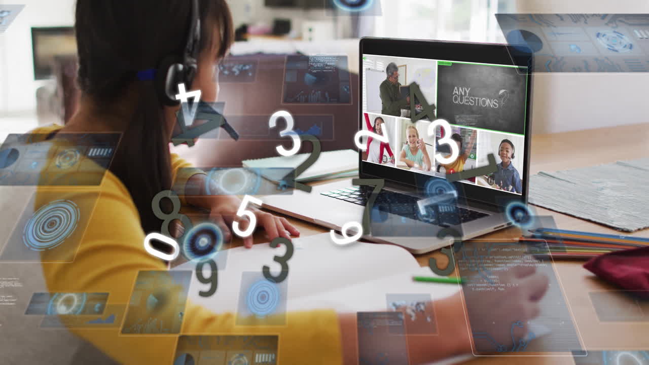 Participating in online meeting, person surrounded by floating numbers and animation