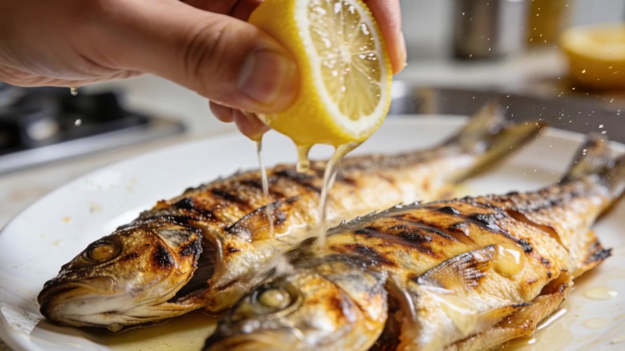 Mano che si avvicina con mezzo limone, spremendo il succo su due pesci alla griglia posti sul bancone della cucina per condirli.