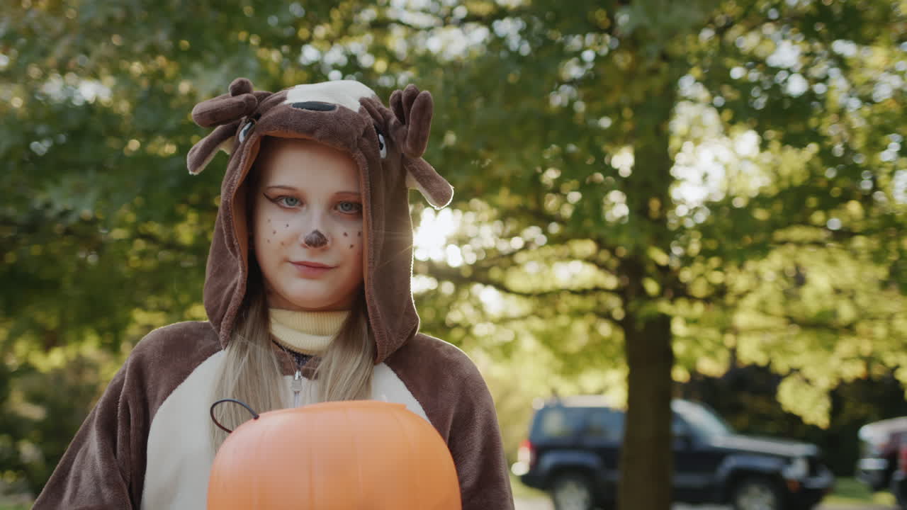 달 ⁇ 한 것을 위한 호박 모양의 바구니를 가진 사 ⁇ 처럼 옷을 입은 아이의 초상화. 할로윈의 날