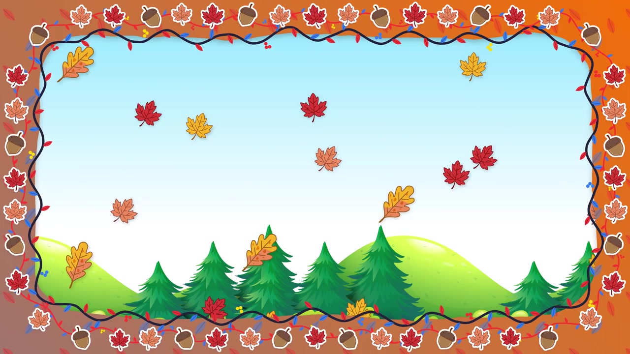 Animated autumn leaves drift down over green hills, pine trees, and an ornate seasonal frame.