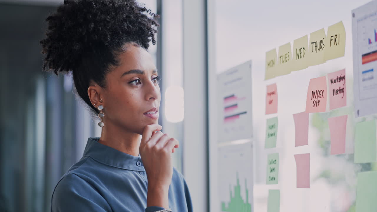 Planning, glass and woman thinking