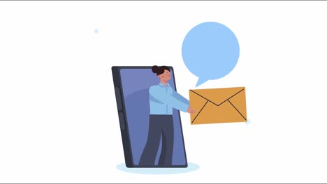 young woman with envelope in smartphone