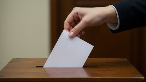 casting a vote: an individual's hand inserts a ballot into a wooden voting box, symbolizing civic participation and democratic engagement