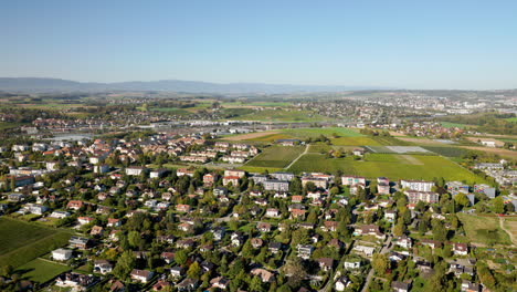 Panoramic-Aerial-Of-Preverenges-Town-In-The-Swiss-Canton-Of-Vaud,-Morges,-Switzerland