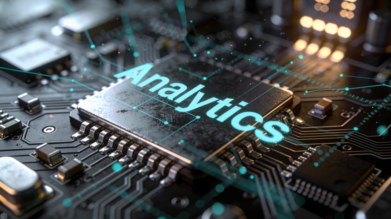 Animating CPU labeled Analytics as teal lines appear in studio macro PCB closeup, showing data flow