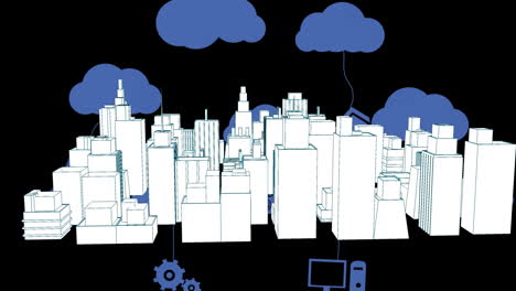 animación de paisaje urbano 3d girando con nubes e íconos digitales en fondo negro