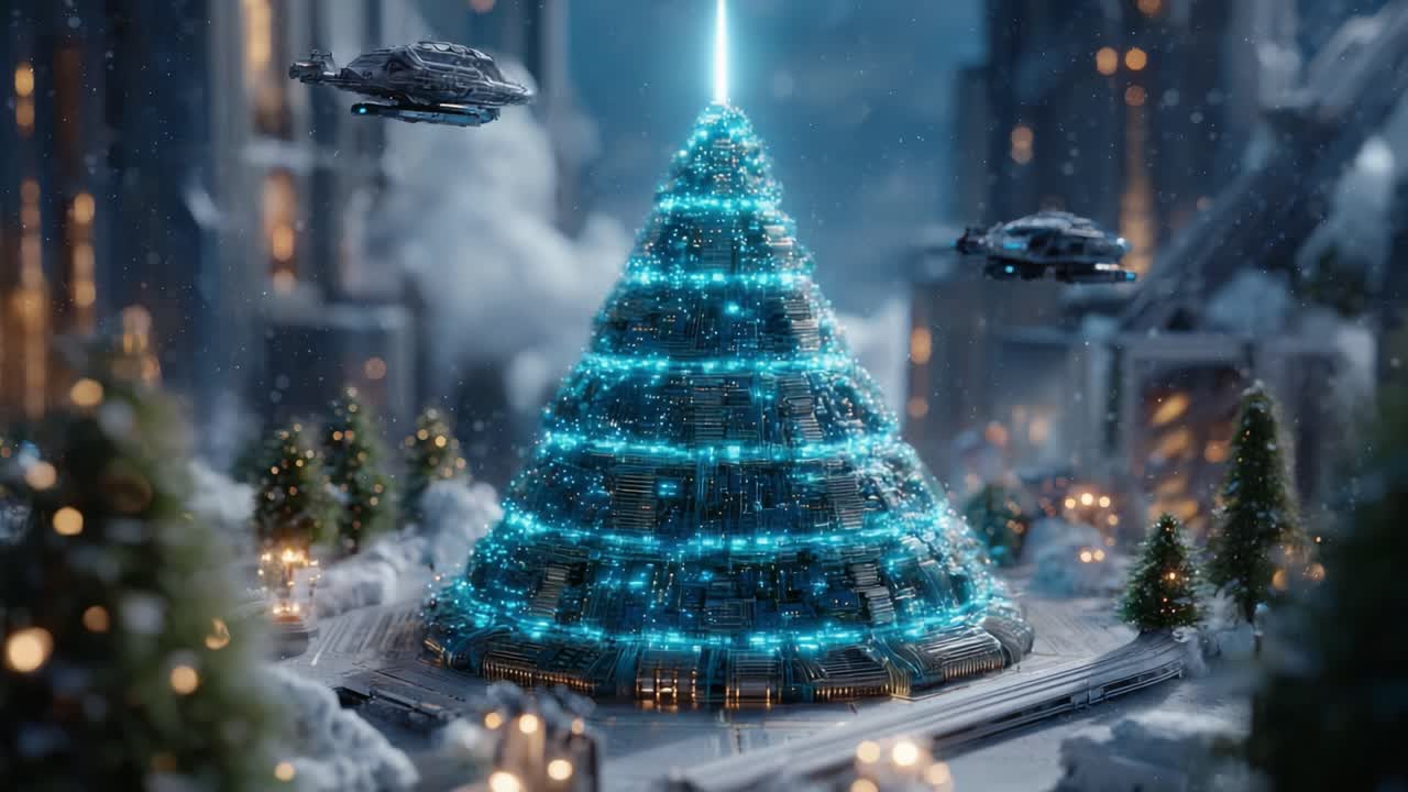 Futuristic Cityscape Featuring a Glowing Pyramid Structure with Advanced Technology and Surreal Surroundings, Enveloped in a Winter Atmosphere with Flying Objects