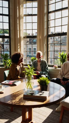 friends enjoying a relaxed meeting in a bright and airy room.