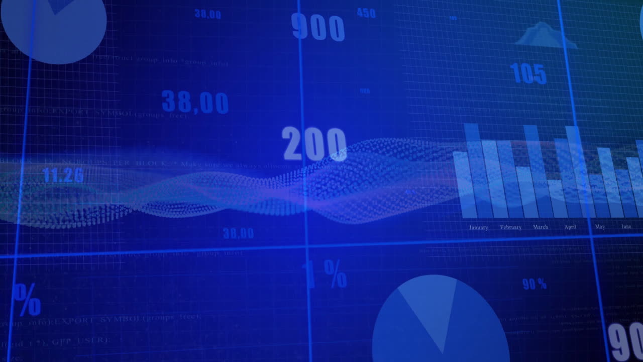 Animation of financial data with graphs and charts on blue background