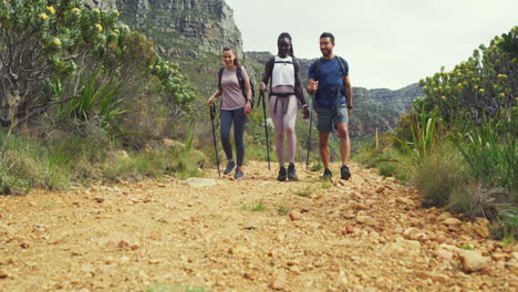 amigos activos caminando por la montaña rocosa con palos