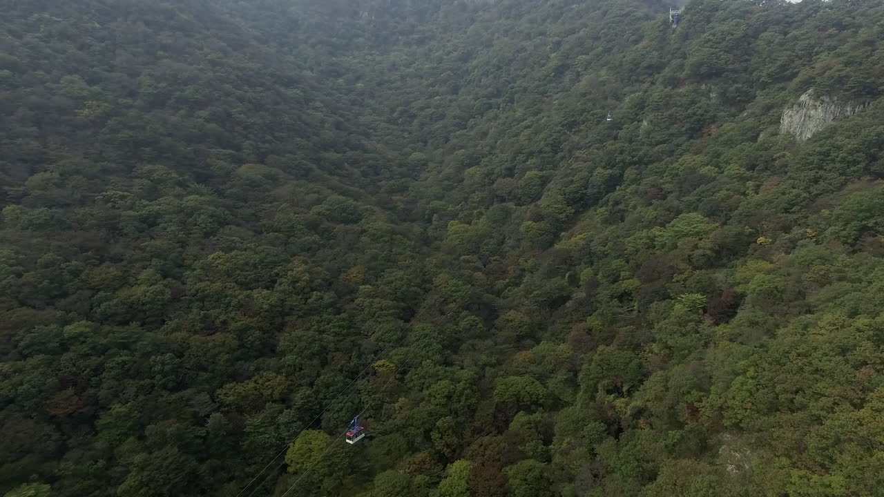 Two cable cars moving away from each other, Autumn mountain, songnisan, Korea