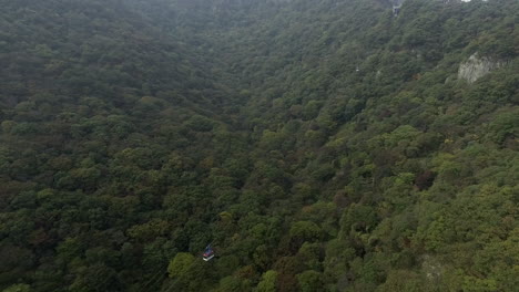 two cable cars moving away from each other, autumn mountain, songnisan, korea