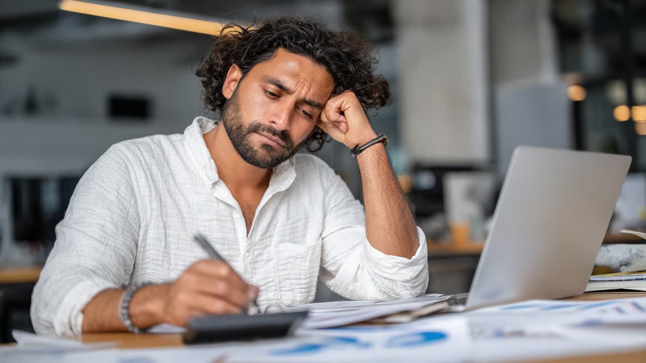 A Man Deep in Thought Analyzing Data and Creating Reports at His Desk, Showcasing Intense Focus and Concentration While Working with a Laptop and Paperwork