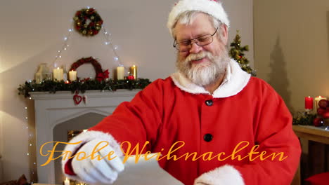 Animation-Of-Frohe-Weihnachten-Text-Banner-Against-Caucasian-Santa-Claus-Reading-Gift-Wish-List