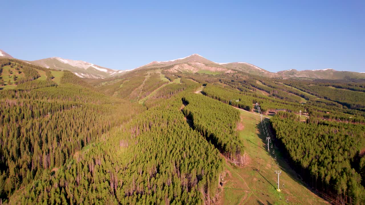 Aerial footage of ski slopes in Breckenridge Colorado. Camera flies straight over trees and several sky paths.