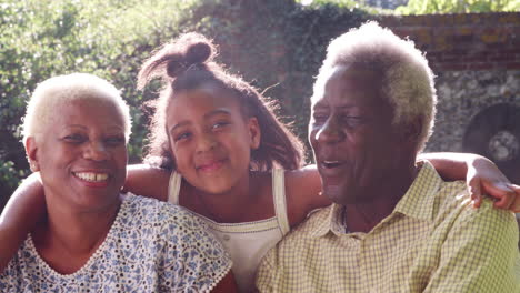 senior black couple and granddaugther outdoors, close up