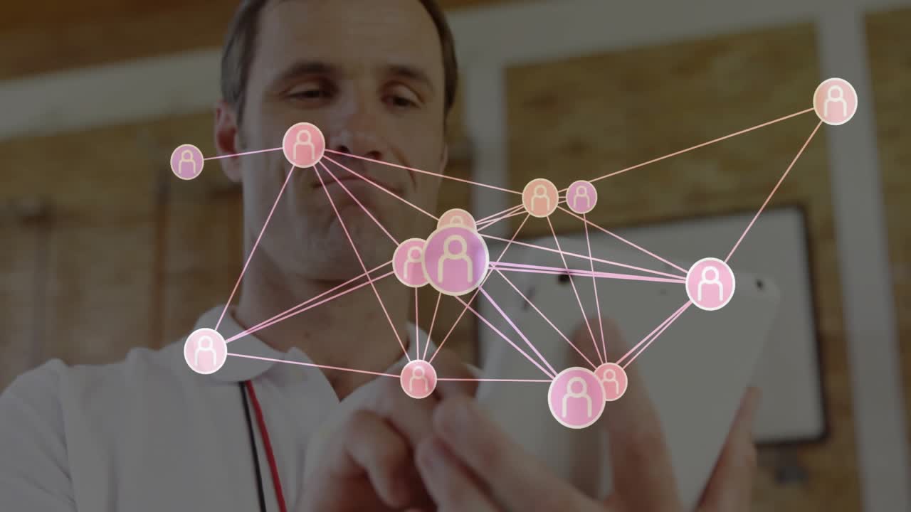 Tech professional tapping screen and swiping network map while analyzing data with animated nodes