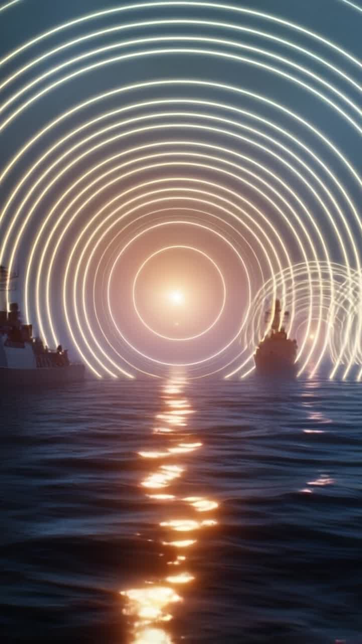 Mysterious Evening at Sea: A Celestial Phenomenon Illuminates Ships with Glowing Circles in the Fog, Creating an Enigmatic Atmosphere on the Water's Surface