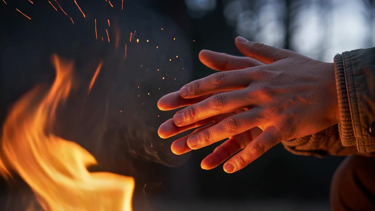 Moving male hands closer to campfire at dusk, feeling cold, jacket cuff and sparks, copy space