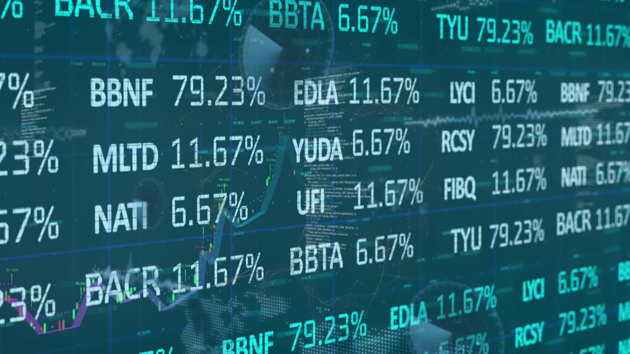 Animation of stock market data processing over multiple round scanners against blue background