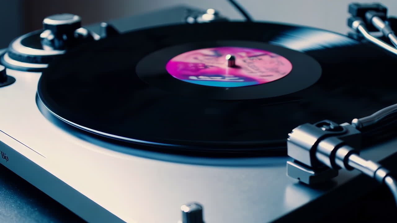 비닐 레코드를 재생하는 턴테이블의 클로즈업