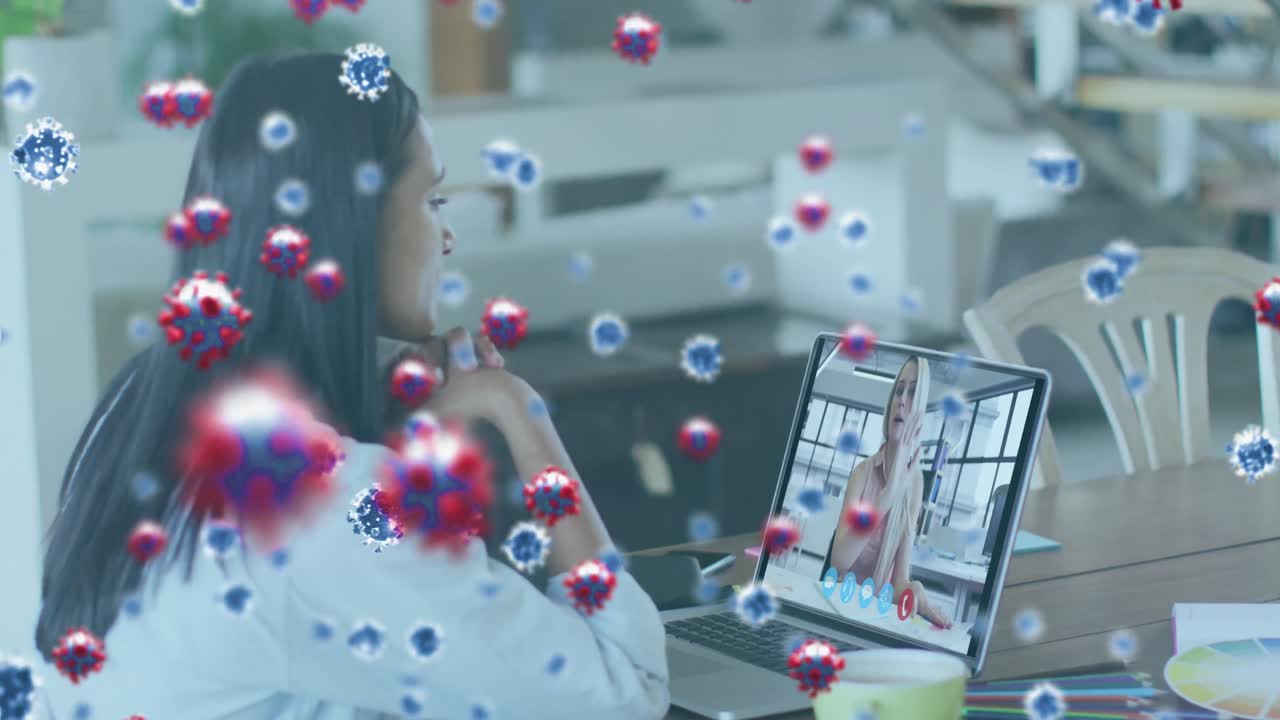 노트북 비디오 통화에서 사업가 여성에 대한 코로나 19 세포의 애니메이션