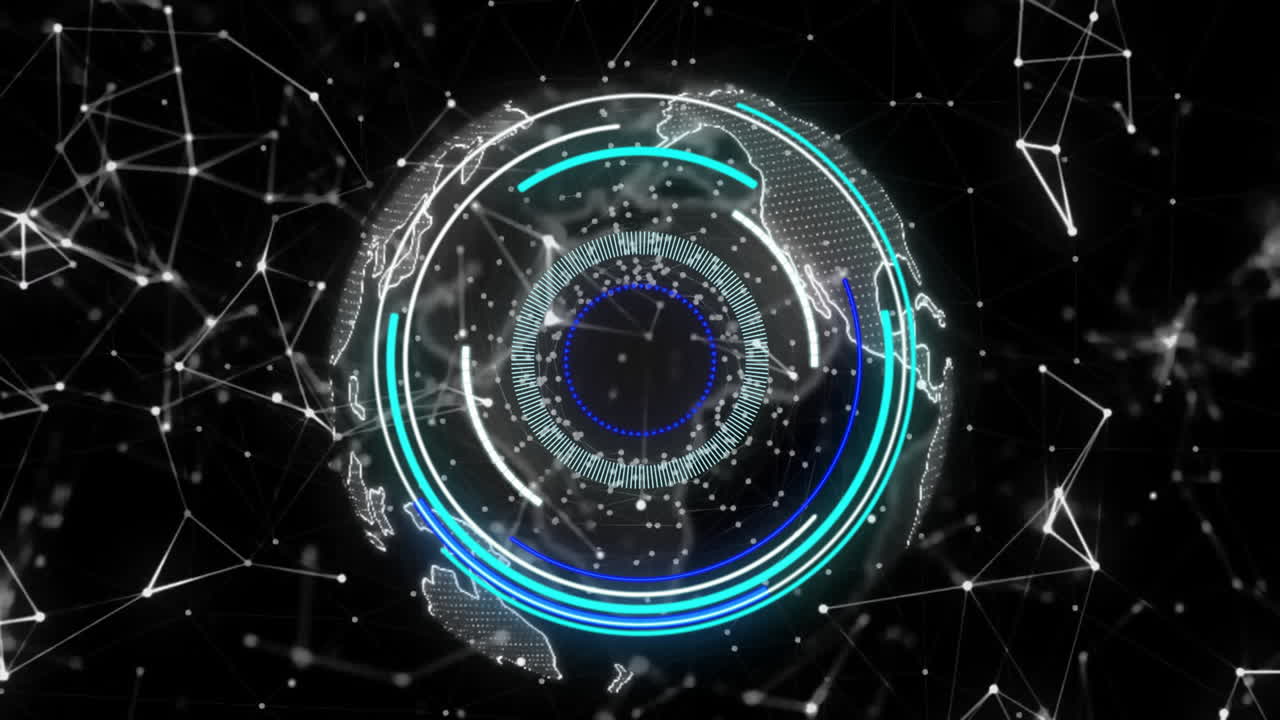 animación de escaneo de alcance y red de conexiones en todo el mundo sobre fondo negro